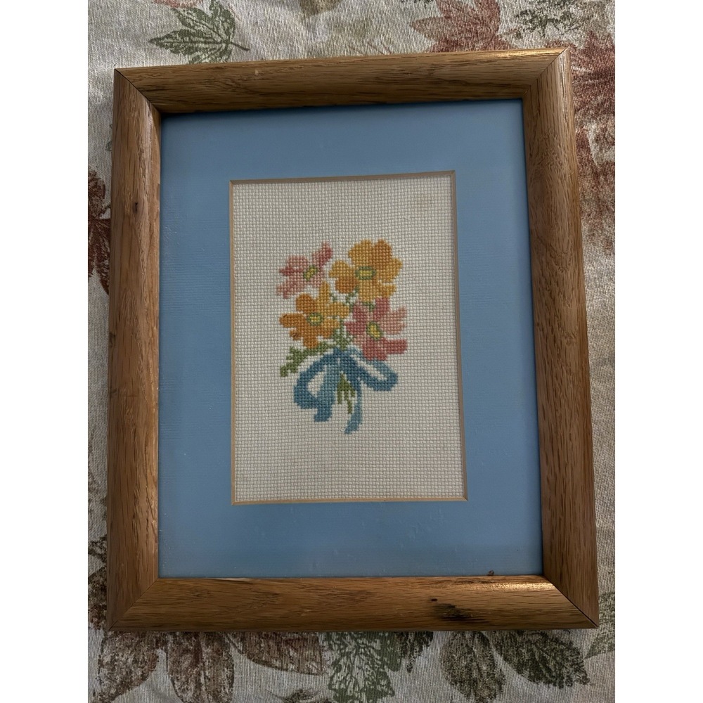 Vintage Needlepoint Framed Picture Floral Herbal Bouquet Cottage Core 9 X 11
